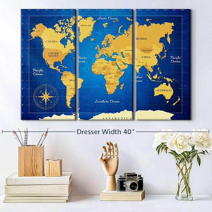 ElephantStock Yellow Longitude World Map Multi Piece Canvas - 3 Panel Wall Decor - Map of the World Art - Canvas for the Office and Home - 33" X 20"