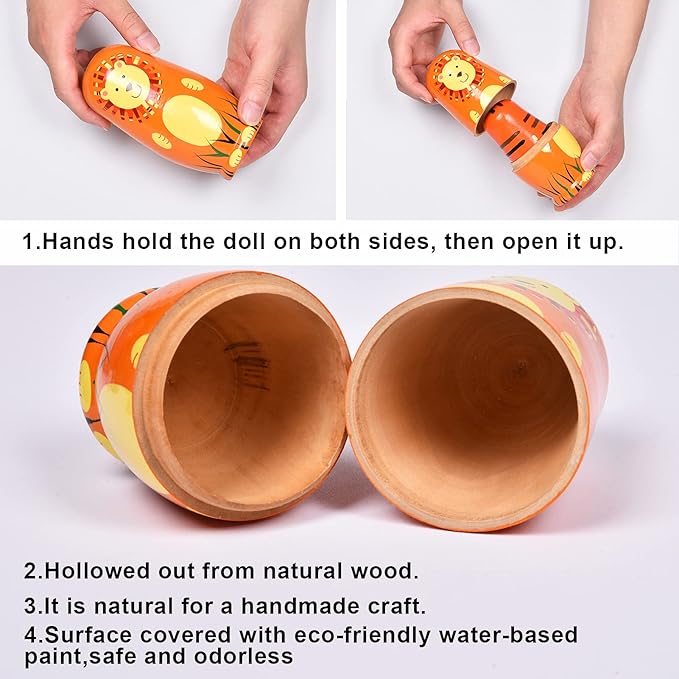 Nesting Dolls, Animal Nesting Easter Eggs Toys, Wooden Matryoshka Dolls for Kids (Round Lion)