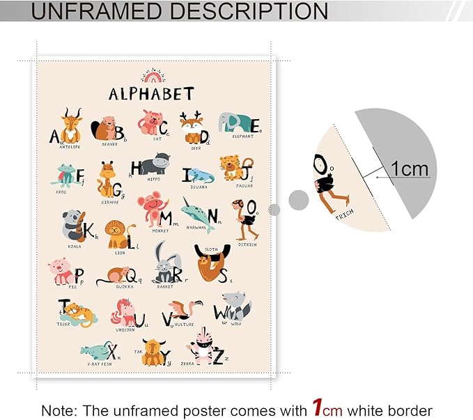 Animal Alphabet Poster - ABC Animal Poster for Toddlers, Wall Art for Classroom or Nursery, 16x24in Unframed
