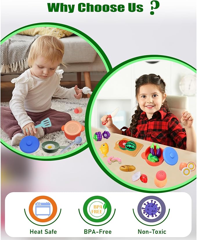 Play Kitchen Accessories, Silicone Pretend Play Kitchen Toys Set, Play Kitchen Pots and Pans Set for Kids, Learning Education Cooking Toys for Girls(Orange)