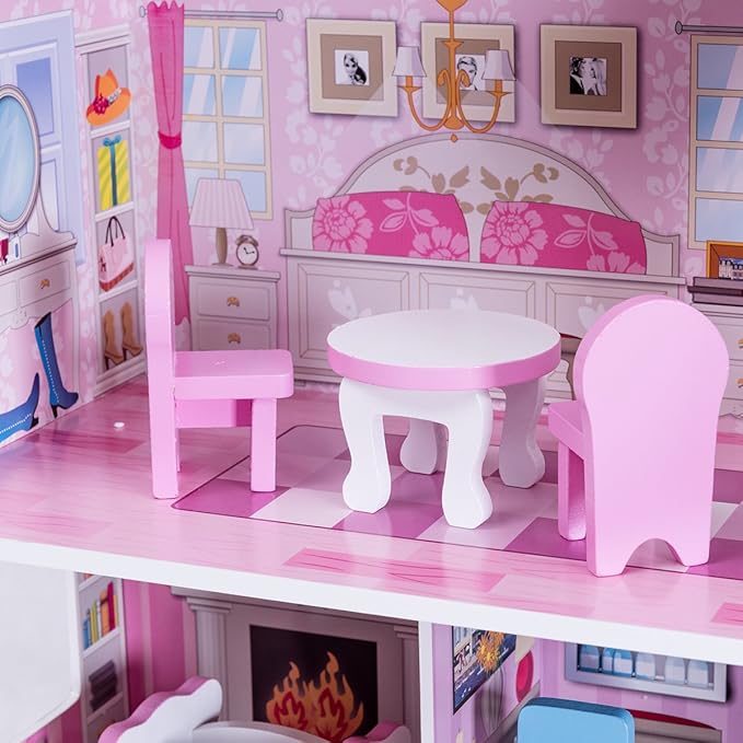 Costzon Wooden Dollhouse for Kids, 3-Story Semi-Open Doll House with 5 Rooms & 8 Pieces Furniture Accessories, Balcony, Preschool DIY Pretend Play Dollhouse Toy, Gift for Girls & Boys Ages 3+