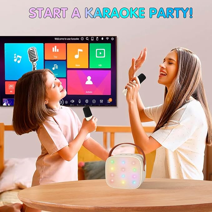 Mini Karaoke Machine with 2 Wireless Microphones for Kids Adults, Portable Bluetooth Speaker Gift for Girls Toys 4, 5, 6, 7, 8, 10, 12+ Years Old Teens Birthday(Beige)