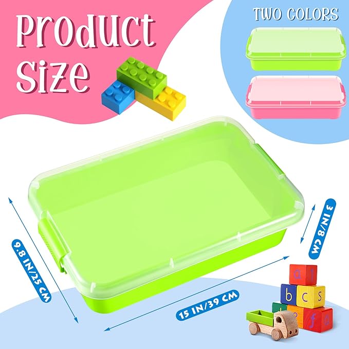 2 Pcs Sensory Bins Sand Tray with Lid, 15in Stackable Leak-Proof Plastic Sensory Tray for Sand & Water Play, Portable Bin for Kids 3 4 5 6, Easy Clean, Indoor Outdoor(Pink, Turquoise)