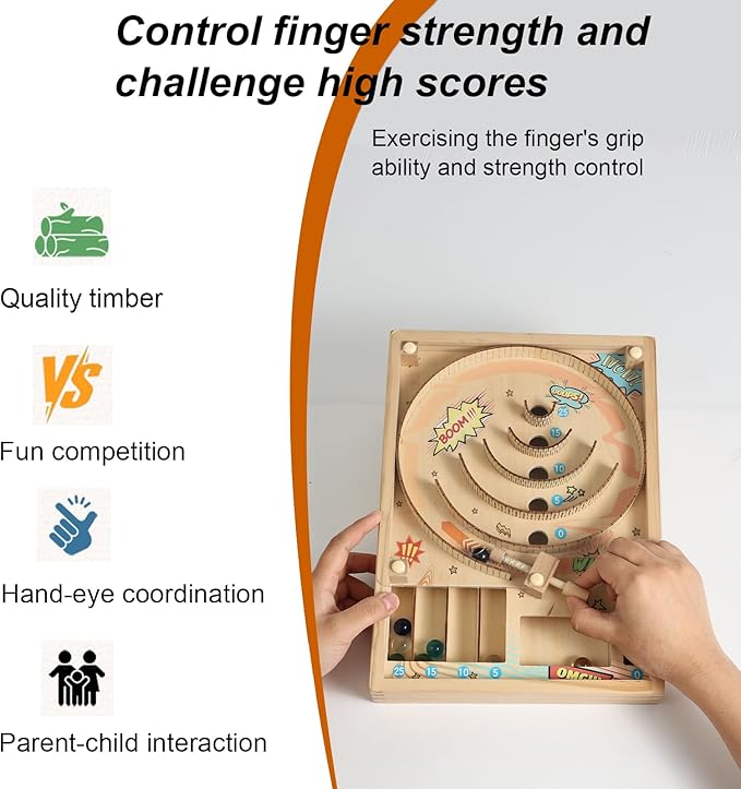 Wooden Marble Run, Marble Game, Wooden Pinball Rolling Toy, Mini Pinball Tabletop Machine with Stand, 10 Glass Marbles