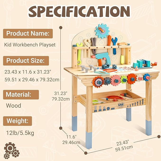 Tool Bench for Kids Toy Play Workbench Wooden Tool Bench Workshop Workbench with Tools Set Wooden Construction Bench Toy for 3 4 5 Year Old Boys and Girls