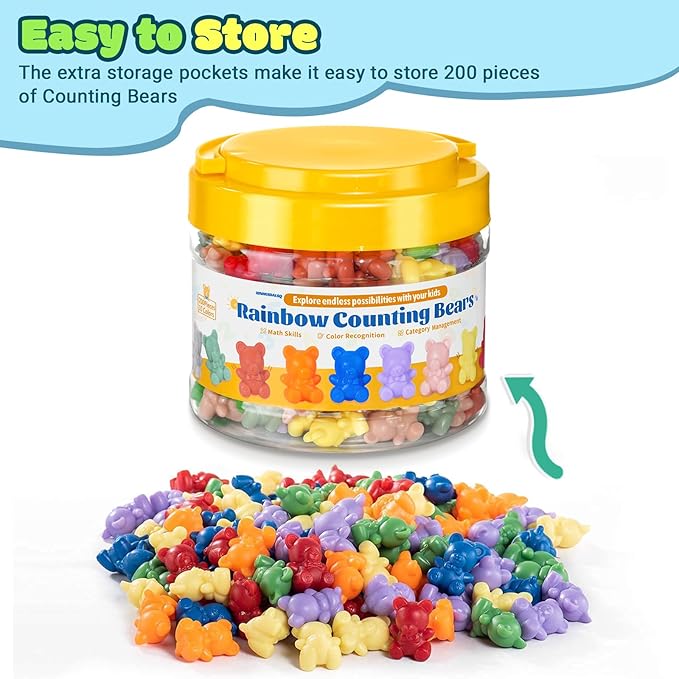 XINHUIDALSQ Rainbow Counting Bears Set of 200, 10 Colors Sorting Teddy Plastic Bears Math Manipulatives for Toddlers, 1 Inch Bear Conters Ages 3+ Kids