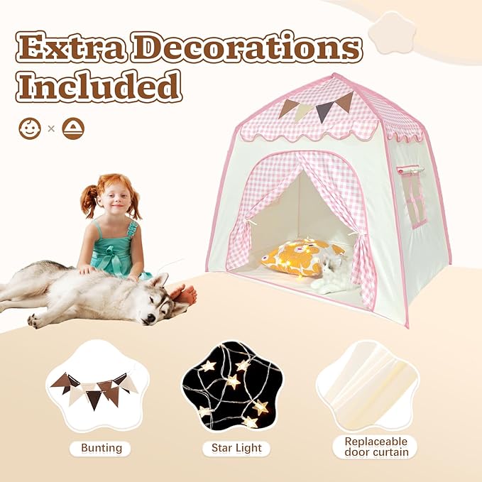 Toddler Bed Tent, Kids Play Tent with Flags, Star String, Portable Bed Canopy for Boys & Girls, Children, Indoor Outdoor Dome Playhouse, Pink Plaid, 51" x 39" x 51"