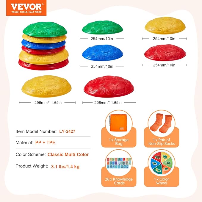 VEVOR Turtle Balance Stepping Stones, 6 PCS, Up to 220 lbs Kids Turtle Jumping Stones Steps Stones, Toddler Obstacle Course Coordination Game Toys Indoor or Outdoor Play for Children Aged 3 4 5 6 7 8+