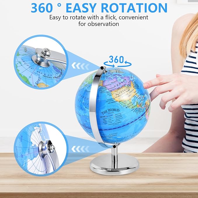 6 Inch World Globe Rotating Earth Spinning Globe with Heavy Metal Stand for Kids Geography Classroom Education or Office Home Decorations