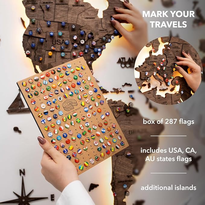 Enjoy The Wood 3D Wood World Map LED 3.0 Wall Art Modern Home Decor Gifts LED Lighting Wall Decor Housewarming Gift (Dark Walnut)
