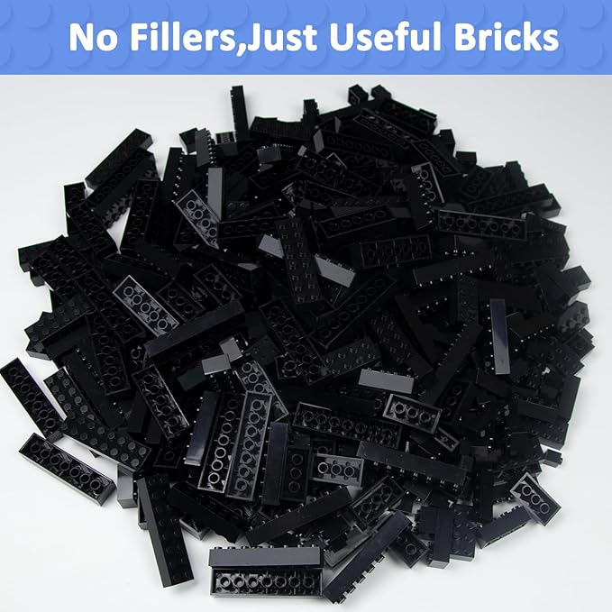 560 Pieces Black Classic Building Blocks Bulk with 2 Base Plates, Building Bricks in 7 Size, Compatible with All Major Bricks, for Kids & MOC Lovers