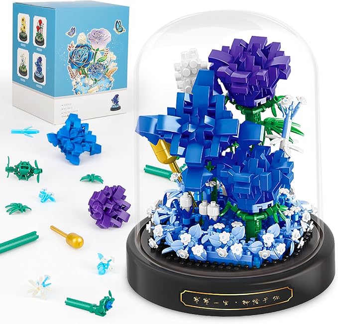 QLT QIAOLETONG Flower Bouquet Building Set, 630 PCS Blue Rose Mini Building Blocks Kit for Adults, Flowers Botanical Collection for Home Decor, Mother's Day for Her Mom Women Wife Girlfriend