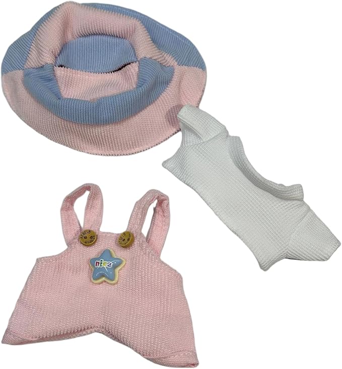 Doll Clothes for 17cm Figures,Cute Pink Overalls with Bucket Hat
