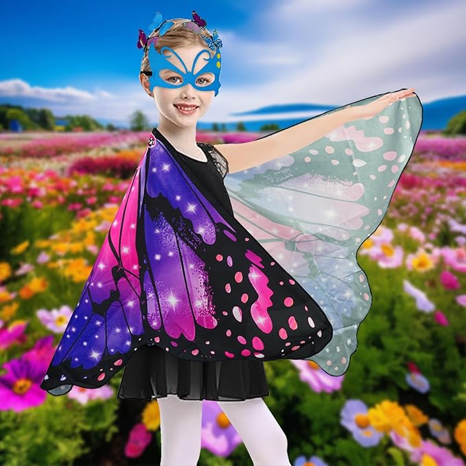 Butterfly Costume for Girls Fairy Wings Kids 4 Pcs(Cape,Skirts,Masks,Hair Clips) Butterfly Wings for Halloween Gifts