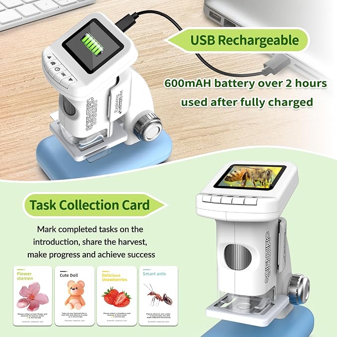 Microscope for Kids, 1200X Kids Microscope Pocket Portable Microscopes with Photo and Video Function, Mini Handheld Digital 2" Screen Rechargeable Student Edu Science Microscopes for Kids 6-7 8-12