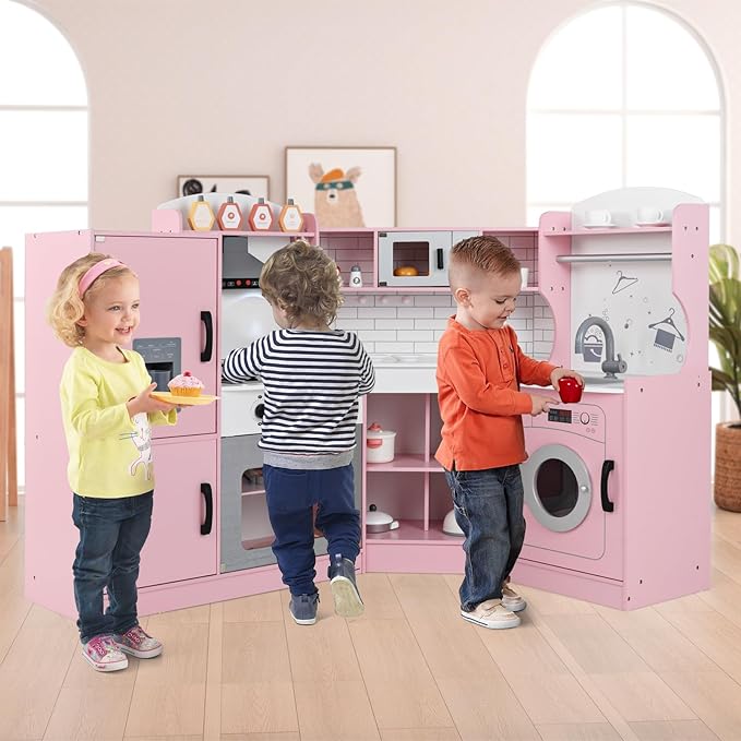 Costzon Corner Kids Kitchen Playset, Wooden Play Kitchen w/Sounds & Lights, Washing Machine, Range Hood, Ice Maker, Microwave, Oven, Sink, Pretend Toy Kitchen Set for Toddler, Gift for Boys Girls