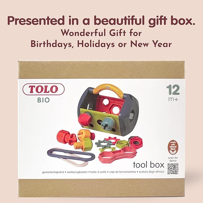 Tolo Bio Tool Box | 14-Piece Kids Engineering Tool Set with Screwdriver, Spanner, Connectors, Screws, Bolts, Nuts & Gears | Educational STEM Toy for Creative Play | Portable with Sturdy Handle