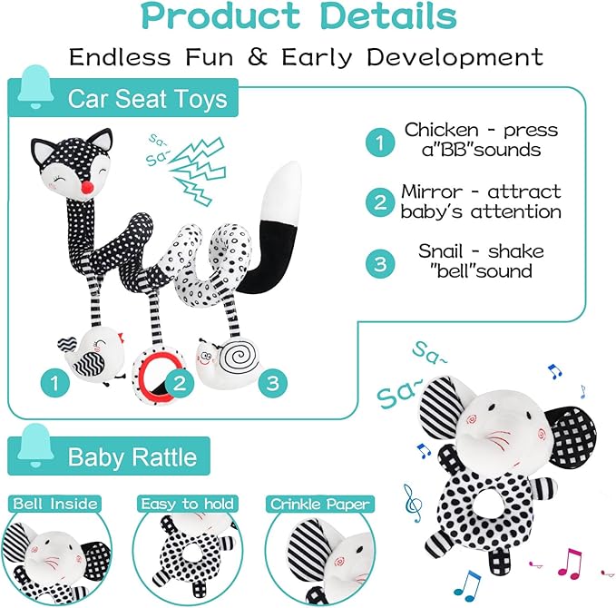 High Contrast Black and White Baby Toys 3-Piece Newborn Essentials Set with Hanging Toys,Rattle Crib Mobile,Baby Book & Car Seat Stroller Toys for 0-3-6-12 Months Infant Development