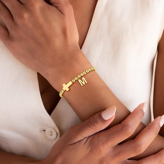 Gold Initial Bracelets for Women Girls - 18K Gold Plated Cross Initial Bracelet Dainty Beaded Bracelet Gold Bracelets for Women Teen Girl Gifts