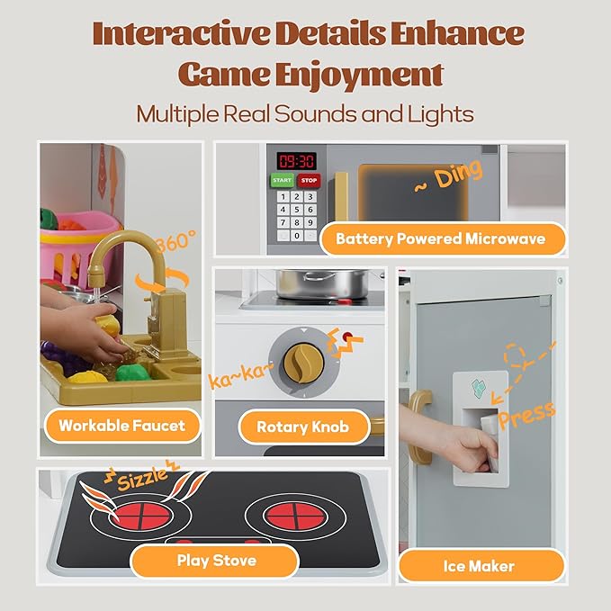 CoziBB Wooden Pretend Play Kitchen Set, Realistic Oven Faucet Microwave Ice Maker BBQ, with Lights & Sounds Features, 21 Accessories, Toys Kitchen for Kids Children Boys Grils, Gift for Ages 3+