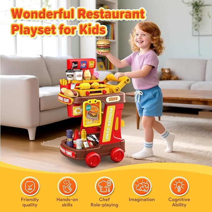 Kids Kitchen Playset - Pretend Play Restaurant Food Set for Toddlers with Cart, Grill and Apron Play Kitchen Toys Accessories with Lights and Sounds Christmas Birthday Gift for Kids Girls Boys Ages 3+