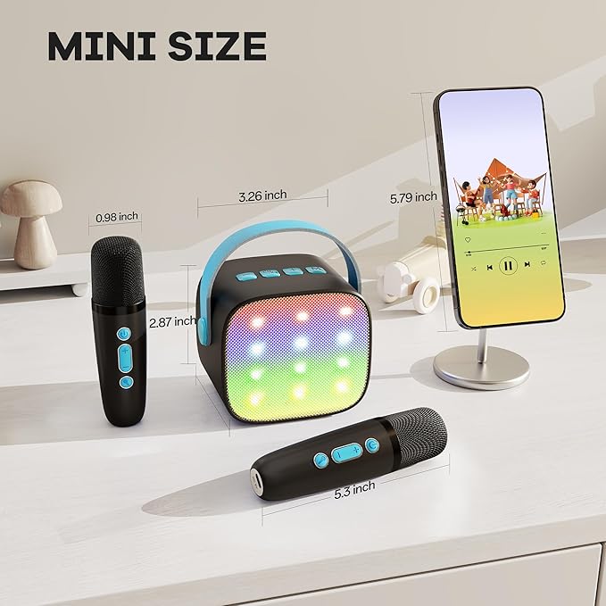 Mini Karaoke Machine with 2 Wireless Microphones, TOP Kids Gifts for Girls Ages 3, 4, 5, 6, 7, 8, 9,10,11,12 +Year Old, 4-12 Years Old Birthday Toy Gift for Girls Boys Party (Black Blue)