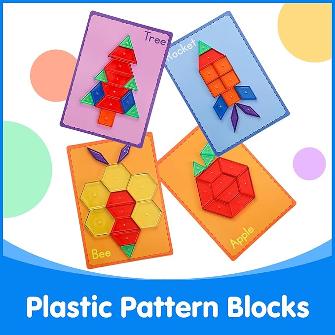 140 Pcs Translucent Pattern Blocks,Geometric Shapes,Translucent Toys,Light Table Accessories and Manipulatives,Includes 46 Activity Cards