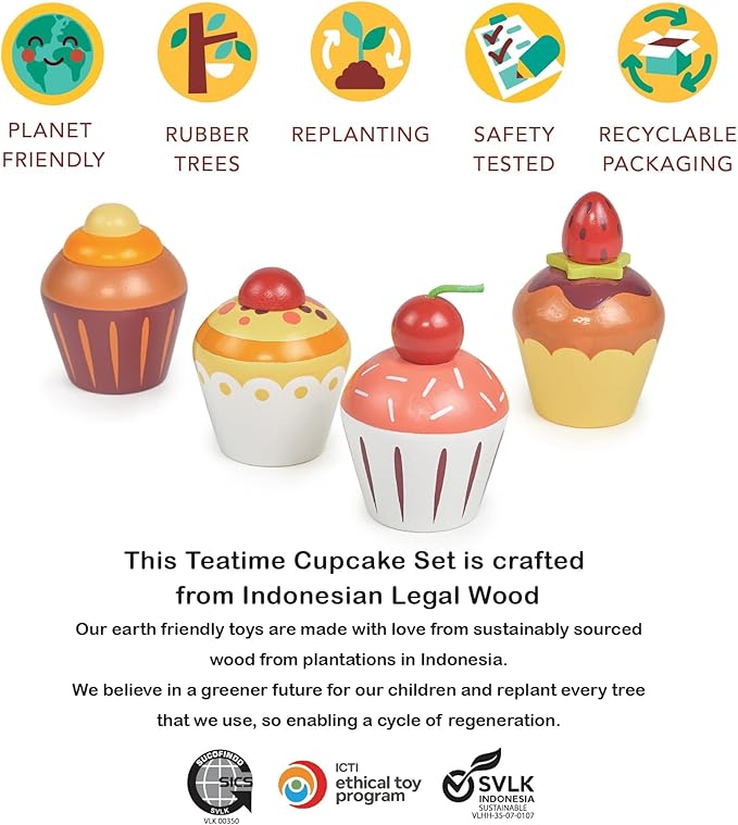Mentari Toys - Teatime Cupcake Set - 4pc Wooden Cupcake Play Food Set - Pretend Play Kitchen and Market Food Accessories - Encourages Role Play and Develops Social Skills - Gift for Toddlers - Age 3+