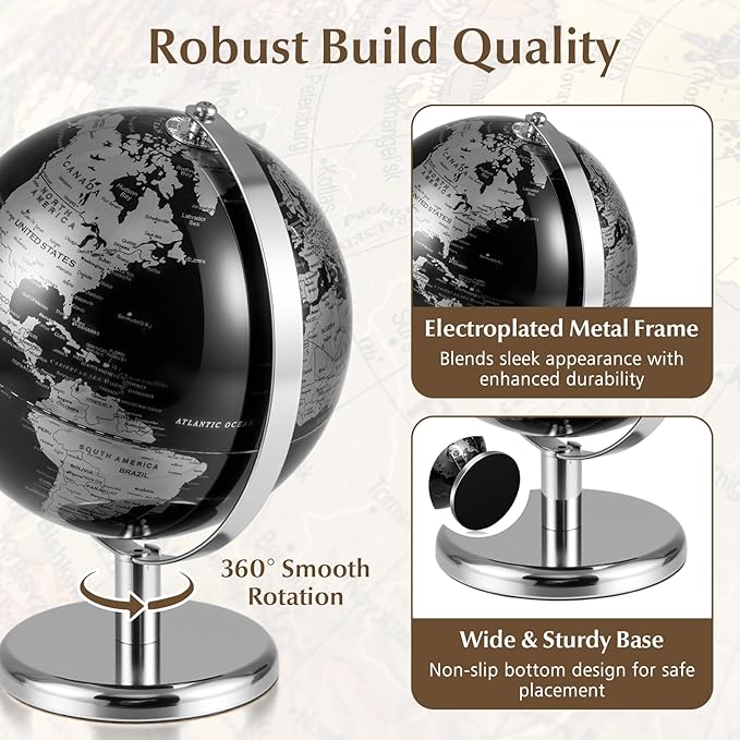 8" World Globe, Black Earth Globe with Silver Accents, Metal Stand, Non-slip Base & Time Zone, Decorative Tabletop Desk Globes for Classroom, Office & Home