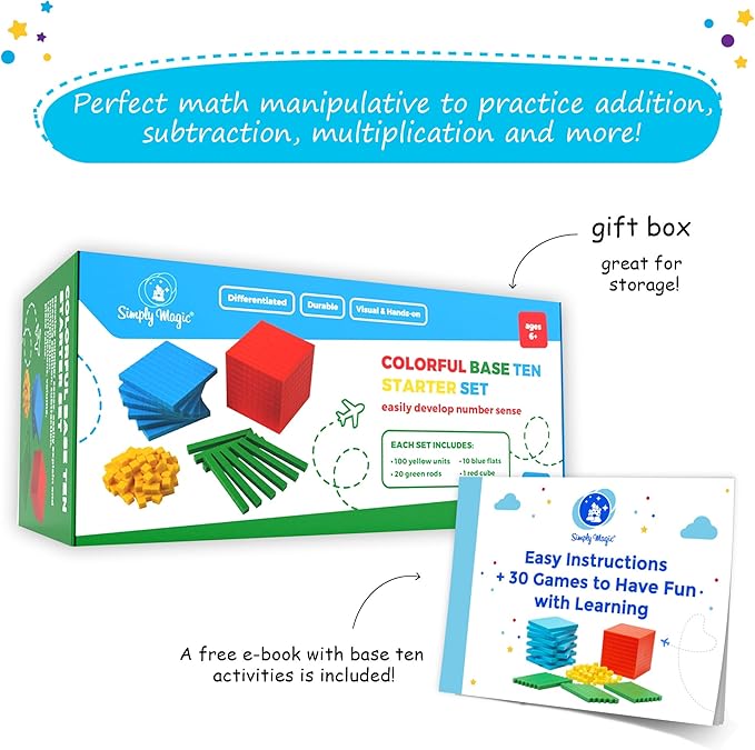 Simply magic 131 PCS Base Ten Blocks for Math - Place Value Blocks, Base 10 Math Manipulatives K-3, Math Counters, Number Blocks, Math Cubes for Kids, Counting Blocks - Kindergarten 1st 2nd 3rd Grade