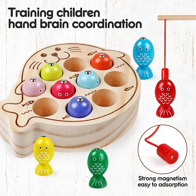 Wooden Magnetic Fishing Game for Kids 3-5,Montessori Preschool Educational Activities Learning Hand-Eye Coordination Fine Motor Skills Color Sorting Magnet Fish Toys for Boys Girls