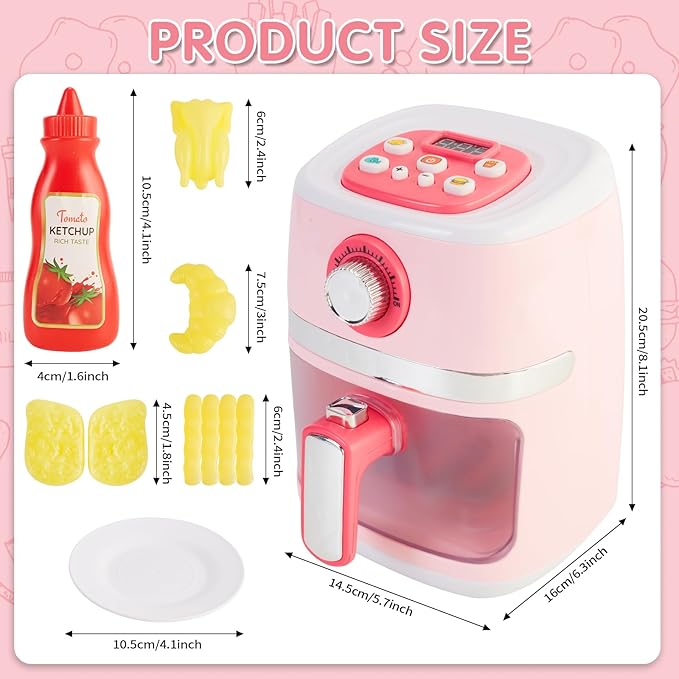 Play Kitchen Accessories, Pretend Kitchen Appliances Set with Toy Air Fryer for Kids with Sound and Lighting, Color-Changing Play Food, Birthday Gift for Boys and Girls Ages 3-5 4-8,Pink