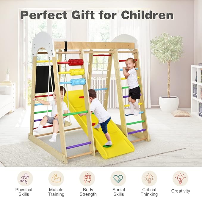 Costzon Indoor Jungle Gym, 8-in-1 Montessori Climbing Toys for Toddlers with Double-Sided Slide, Climbing Rock/Net, Indoor Wooden Playground Climber Playset for Kids 3+ Years Birthday