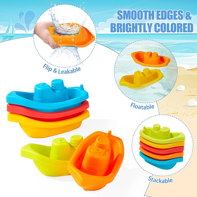 Baby Bath Toys for Kids Ages 1-3, 11PCS Mold Free Bath Toys for Toddlers with Floating Boats and Spoons, Baby & Toddler Bathtub Water Table Pool Sand Play Toys for Christmas Stocking Stuffers