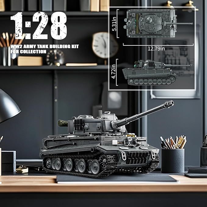 1:28 Tiger Heavy Tank Building Blocks Set for Adults, Compatible with Lego Military Vehicle, WW2 Army Tank Toys Historical Collection Model for Military Fans, Gifts for Teens Kids Boys 8-14 (1668 PCS)