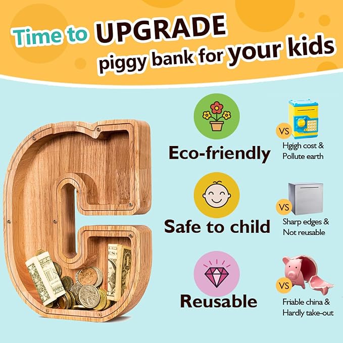 SummiDate Wooden Letter Piggy Bank| Piggy Bank for Boys Girls Toddler| Alphabet C Money Bank| Coin Bank Birthday Gift for Kids|Birthday Gift for Kids (C)
