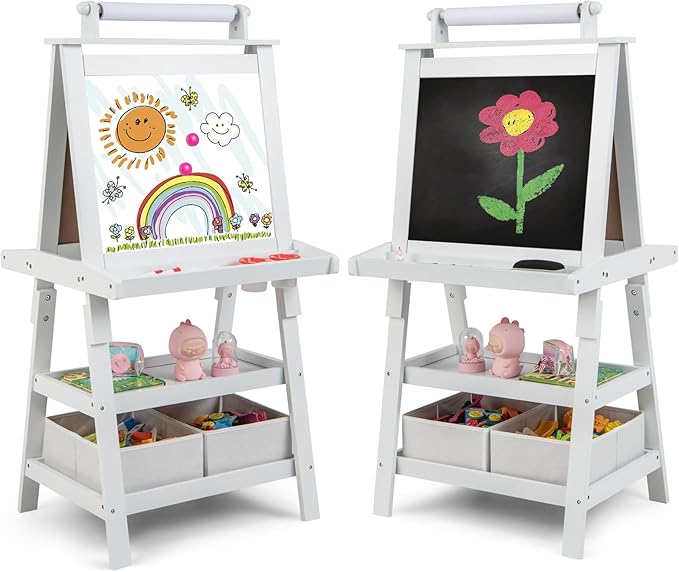 Costzon Kids Art Easel, 3 in 1 Double-Sided Painting Easel w/Magnetic Whiteboard, Chalkboard & Paper Roll, 2-Tier Storage Rack & 2 Boxes, Standing Easel for Kids, Toddlers, Gift for Boys, Girls