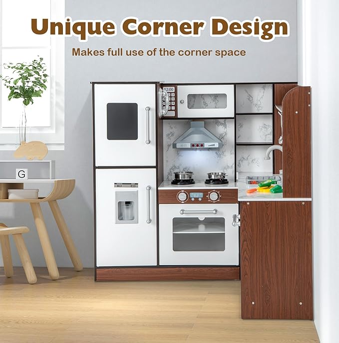 Costzon Kids Kitchen Playset, Toddler Pretend Toy Cooking Set w/Real Lights & Sounds, Sink & Faucet, Ice Maker, Microwave, Oven, 18 Cooking Accessories, Corner Play Kitchen for Kids Ages 3+ (Coffee)