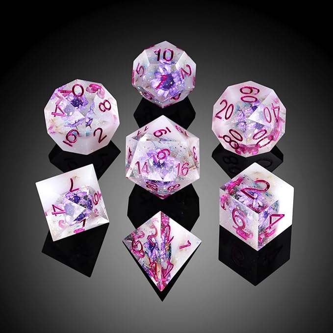 Flower DND Dice ,DNDND Handmade Double-Layers Resin Sharp Edge Die with Gift Case for D&D Dungeons and Dragon Games (Purple Flower)