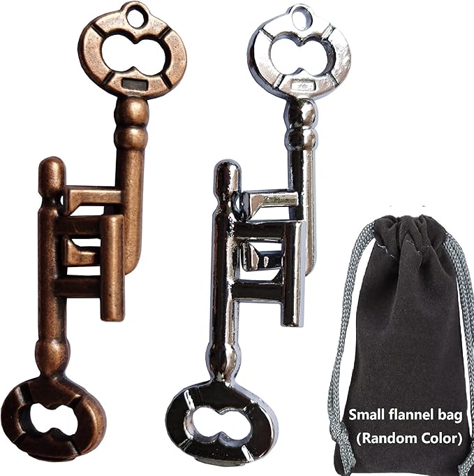 Brain Teaser 3D Unlock Interlocking Metal Hole Lock Puzzle - Adult Educational IQ Toy (Gold Silver Key)