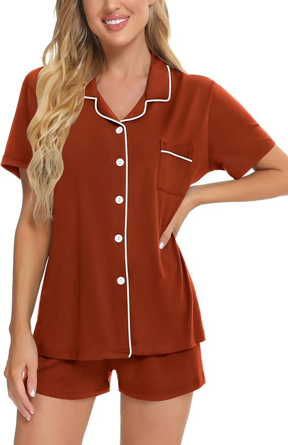 SWOMOG Womens Button Down Pajamas Set Short Sleeve Sleepwear Bride Soft Pj Lounge Sets XS-3XL