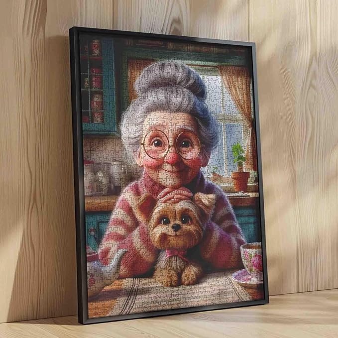 Sweet Grandma with Puppy Jigsaw Puzzles 1000 Pieces Afternoon Tea Time Art Jigsaw Puzzles for Challenging Family Games Cozy Kitchen DIY Handwork Puzzle for Home Wall Decor Gifts 20x27 Inches