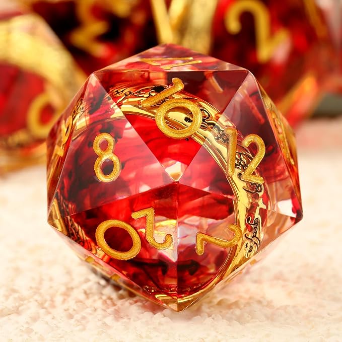 Ring DND Dice Set Sharp Edge DNDND 7-Piece Swirl Resin Blood Red Dice with Magic Lord Ring Inside for Dungeons & Dragons -Dragon Box Gifts