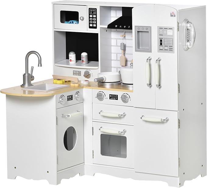 Qaba Pretend Play Corner Kitchen, Interactive Wooden Kids Play Kitchen w/Realistic Sounds, Telephone, Refrigerator, Oven, Microwave, Gift for Toddlers Aged 3+