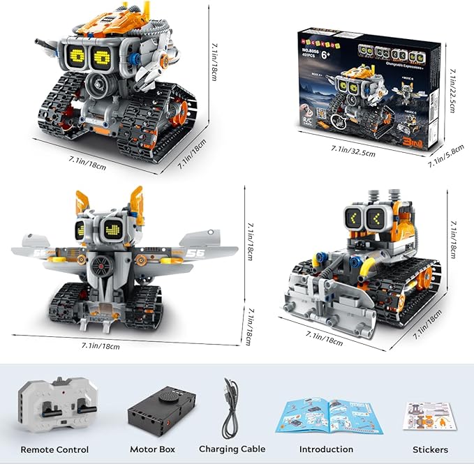HOGOKIDS Changeable Expressions Robot Building Sets - 3 in 1 Remote & APP Supported Robotic Building Toy Having Sound Effect, Rechargeable RC Robot Birthday Present for Kids Age 6+ Boy & Girl (451PCS)