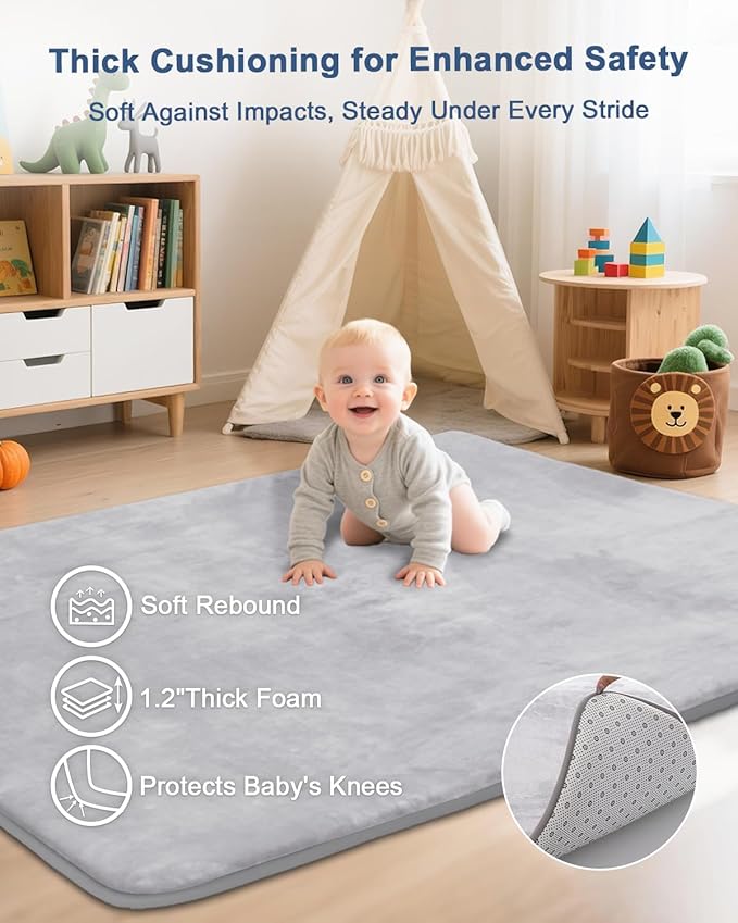 Thick Baby Play Mat for Floor,Padded Foam 59x59 Playpen Mat,Ultra Soft Support&Plush Feel Nursery Rug,Non Slip for Toddler, Infants,Kids Play,Yoga,Baby Crawling,Tummy Time(Light Grey)