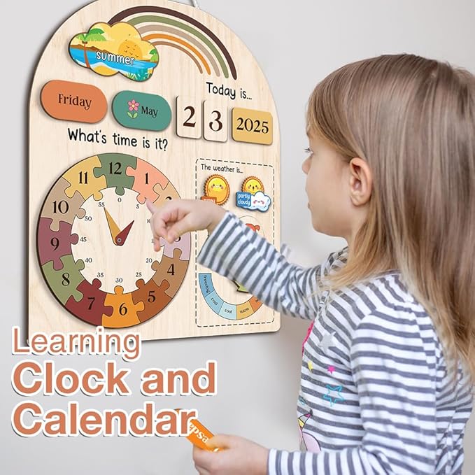 Interactive Calendar for Kids Ages 3+, Wooden Toddler Calendar, Teaching Seasons, Years, Months, Days of Week, Daily Activity Calendars for Kid Preschool & Homeschool (04 - Rainbow)
