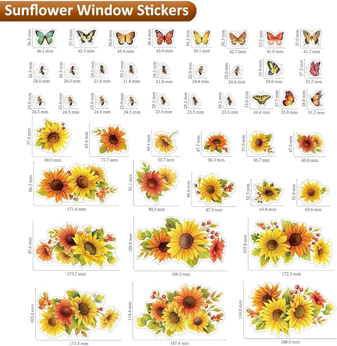 Sunflower Butterfly Window Clings Fall Window Decorations | Large-Size Clings for Glass Double-Sides Window Stickers for Glass Home Bedroom Nursery Room Windo Decals 44 Pcs in Total