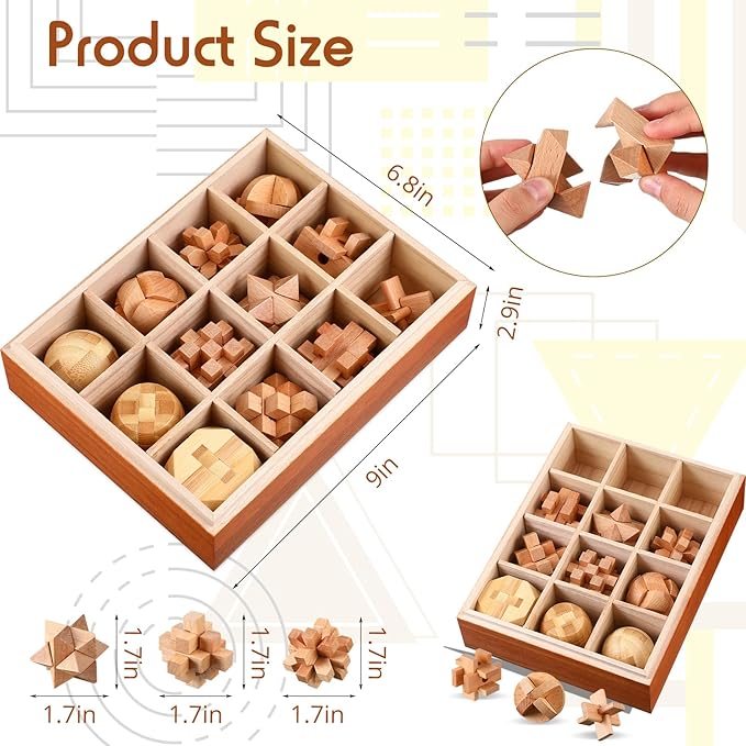 Yilloog 12 Pcs Wooden Brain Teaser Puzzles Set, Educational Games 3D Wooden Puzzle, Logic IQ Mind Challenging Puzzles for Adults Kids Christmas Birthday Gifts