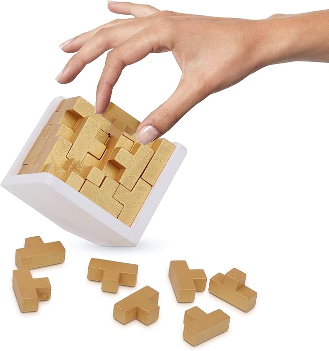 Original 3D Wooden Brain Teaser Puzzle: Engaging 3D Puzzle Box for Kids 8-12 & Adults, Desk Toys Delight, Challenging Games & Wooden Puzzles for Adult Brain Boost (Golden Edition)